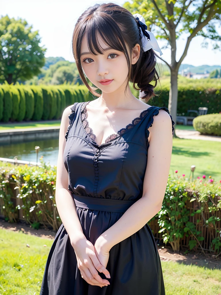 (realistic, photo realistic:1.37), incredibly absurd, (Extremely detailed:1.3), 16k, (masterpiece), (highest quality:1.4), (ultra high resolution:1.2), 1 nogizaka girl, So cute, (bishojo:1.35), (15 years:1.4), ((alice and the pirate fashion)), detailed beautiful dress, blue rose hair accessories, Highly detailed beautiful face、eye、skin, dense black shiny hair, whole body, perfect anatomy, smile at the camera, professional lighting, Petit Trianon garden and farmhouse, View of the village and lake, super detailed background,(all naked:0.4),(Beautiful pussy line:0.4),(skirt lift:0.7),