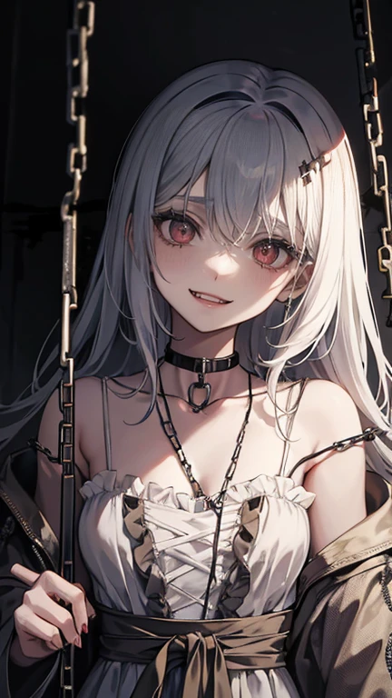 Hanged Corpse, A dead girl is suspended with chains, She is an abandoned patient, She is eerily smiling showing her fangs, Wearing patient clothes, Rotten skin, Decayed body, Dripping bloods, At the abandoned hospital, In surgery, Modern interior, Light-out, Nighttime, Nightmare, Dark atmosphere