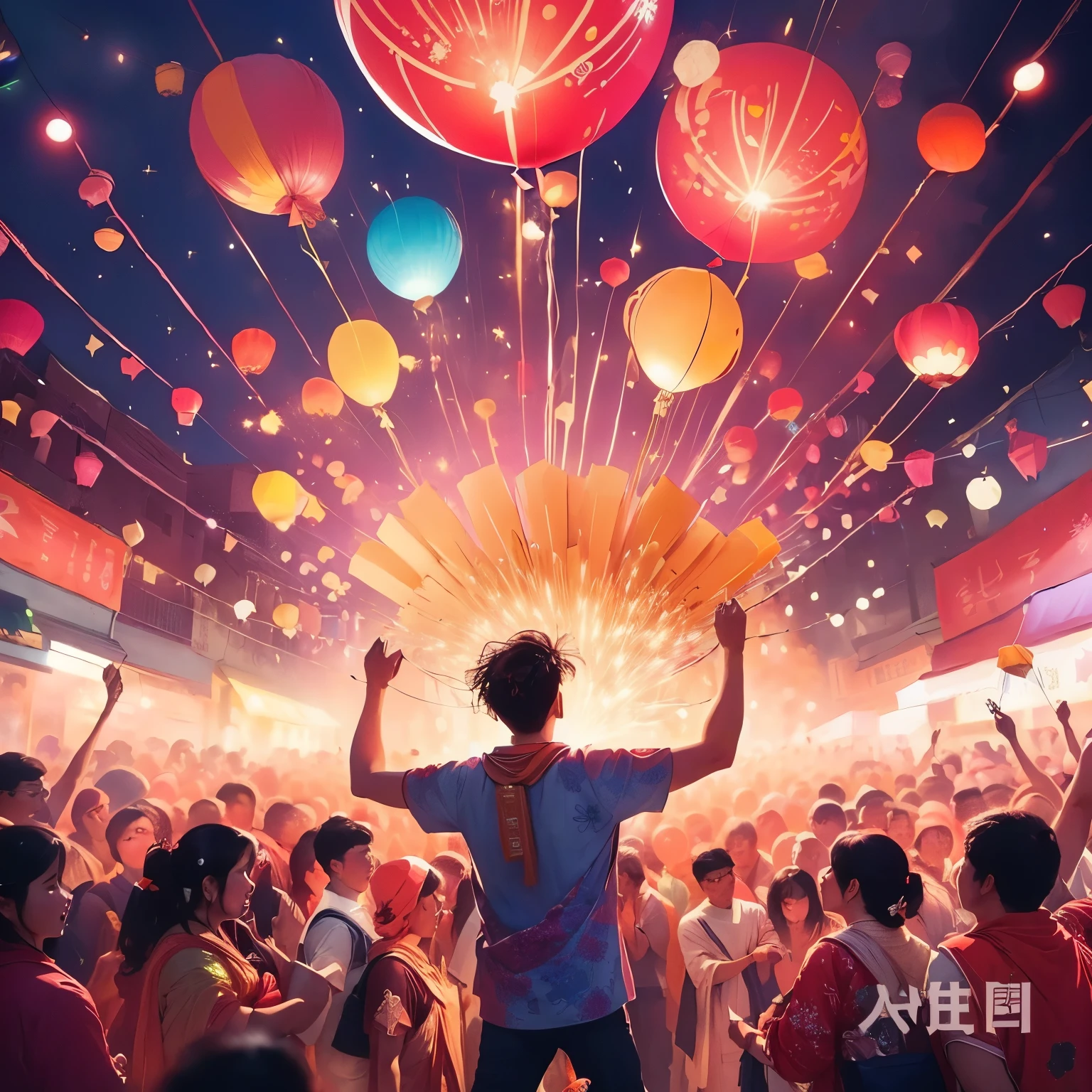 Huge crowds of people，celebration，Firecrackers，balloon，lanterns