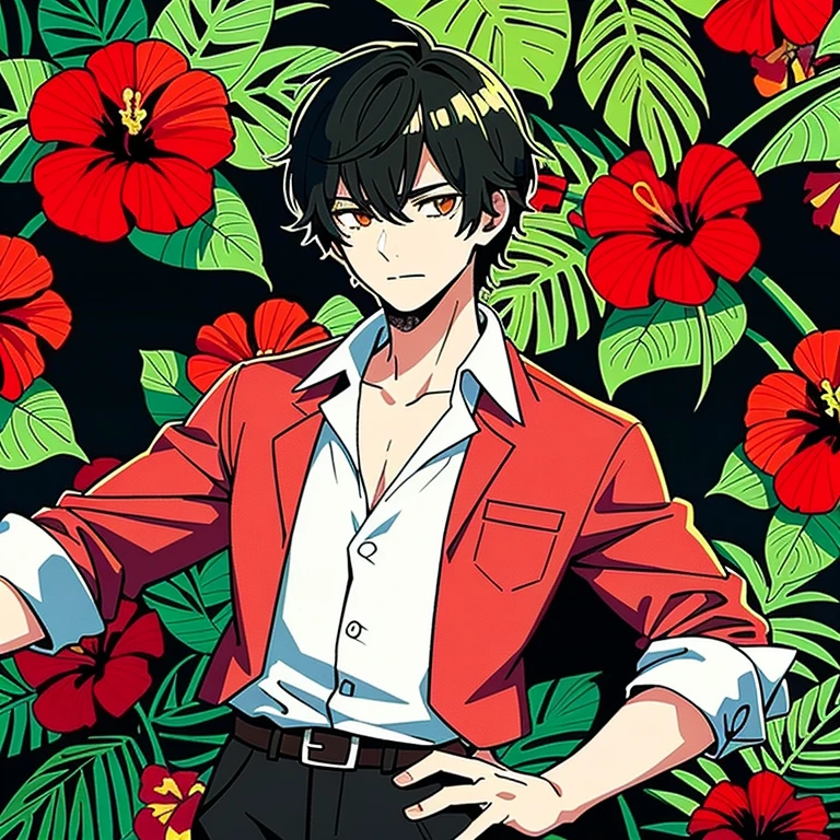 Tropical Shirt,Hibiscus pattern,Wolf Man,Before transforming into a wolf,Handsome,Dandy
