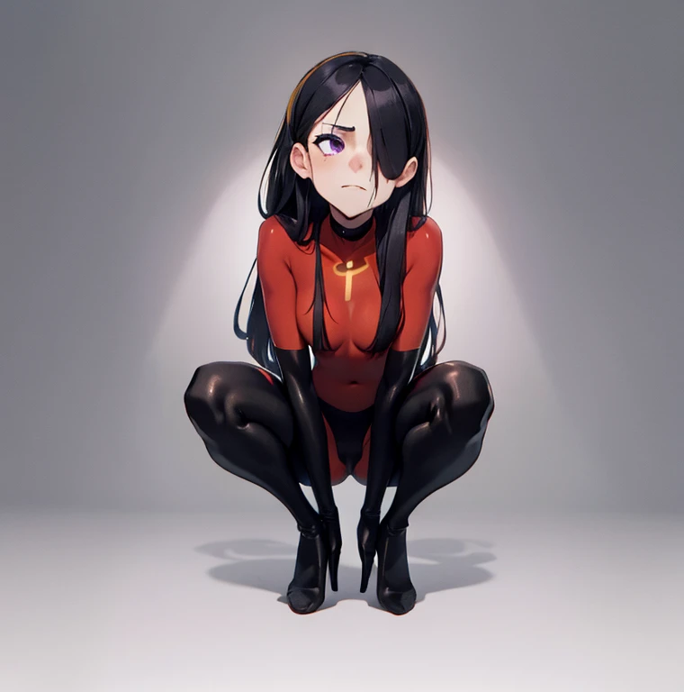 (full body),masterpiece, highest quality, One girl, Violet Par,  Long Hair, Black Hair,  Hair on one eye,  (Red hero suit)，Red bodysuit，black elbow gloves，Black Thigh Boots，Thick thighs，Place one hand on hip，Squat，Spread your legs，View your viewers, Looking down，From below，Low - Angle，Face to endure humiliation, Simple Background 