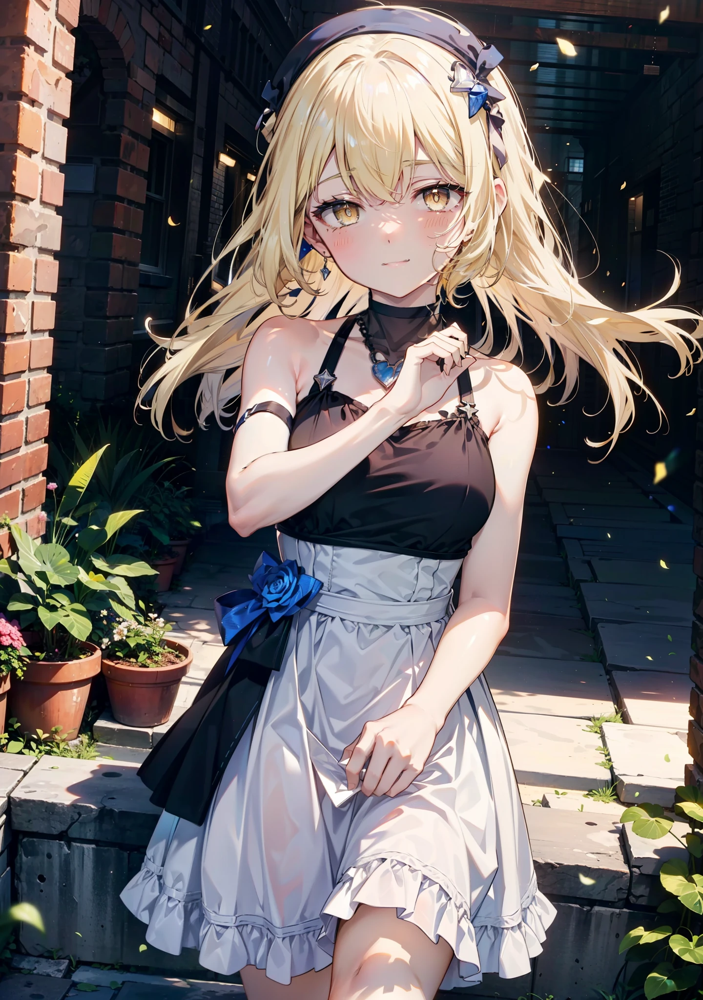 アイスWallenstein, Wallenstein, blonde, Hair between the eyes, hair band, Long Hair, (Yellow Eyes:1.5),happy smile, smile, Close your mouth,smile,blush,White sleeveless dress,Bare arms,Bare neck,Heart Pendant,Long skirt,Cute Sandals,Clear skies,歩いてるbreak looking at viewer,(Cowboy Shot:1. 5) break outdoors,Building district,In town, break (masterpiece:1.2), highest quality, High resolution, unity 8k wallpaper, (shape:0.8), (Beautiful and beautiful eyes:1.6), Highly detailed face, Perfect lighting, Highly detailed CG, (Perfect hands, Perfect Anatomy),