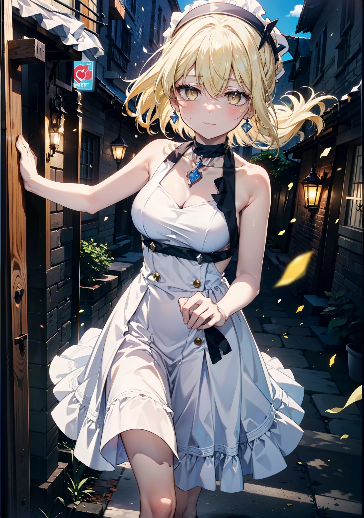アイスWallenstein, Wallenstein, blonde, Hair between the eyes, hair band, Long Hair, (Yellow Eyes:1.5),happy smile, smile, Close your mouth,smile,blush,White sleeveless dress,Bare arms,Bare neck,Heart Pendant,Long skirt,Cute Sandals,Clear skies,歩いてるbreak looking at viewer,(Cowboy Shot:1. 5) break outdoors,Building district,In town, break (masterpiece:1.2), highest quality, High resolution, unity 8k wallpaper, (shape:0.8), (Beautiful and beautiful eyes:1.6), Highly detailed face, Perfect lighting, Highly detailed CG, (Perfect hands, Perfect Anatomy),