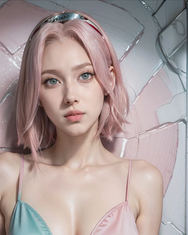 young woman, short shoulder-length pink hair, wide forehead, porcelain skin, pink eyebrows, big emerald green eyes, buttoned nose, full lips, heart-shaped face, slender body, small breasts, red tank top, Sakura Haruno , realistic, realism, details, 3d, well detailed