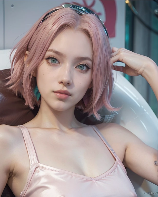 young woman, short shoulder-length pink hair, wide forehead, porcelain skin, pink eyebrows, big emerald green eyes, buttoned nose, full lips, heart-shaped face, slender body, small breasts, maroon tank top, Sakura Haruno , realistic, Realism, details, 3d, well detailed.