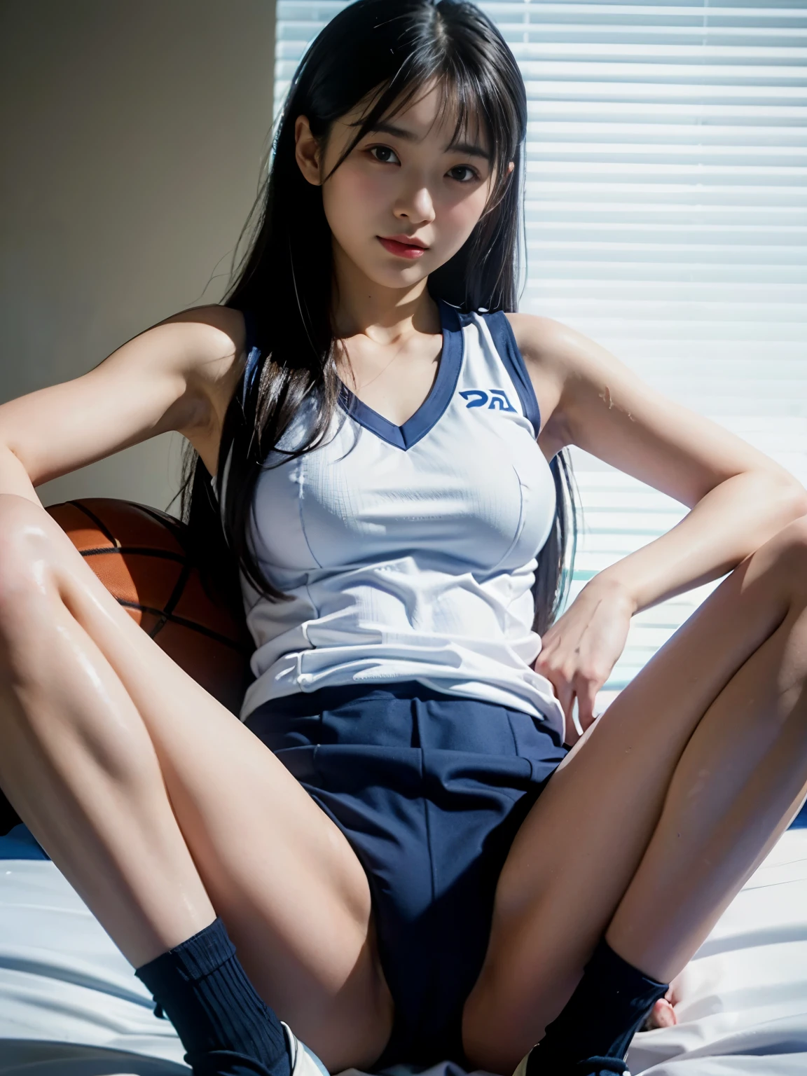 (masterpiece,highest quality,超A high resolution),Japanese women, (((A very beautiful 15 year old girl))), pretty girl、Look at the photographer､  ((A pose that emphasizes a cute crotch)), Very cute face, Glossy Lips, Double eyelids on both eyes,Natural smile、 Natural Makeup, Long eyelashes, Shiny and smooth hair､Camel Toe,  Perfect limbs, Perfect Anatomy,(((Basketball Sleeveless Uniform)))、,(Wet see-through pants),