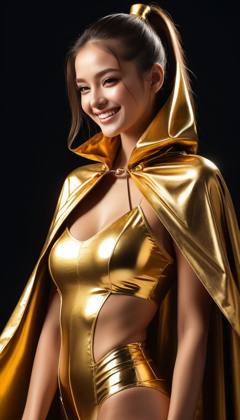 (RAW photo, best quality, masterpiece, ultra-detailed, high res), (realistic),(extremely delicate and beautiful:1), mesmerizing woman with long hair in sleek high ponytail , (((wearing glossy golden cloak fastened at the neck :1.20))), crop top and hotpants , detailed features, smiling expression of feelings, imaginative, highly detailed, extremely high-resolution details, photographic, realism pushed to extreme, fine texture, 4k, ultra-detailed, high quality, high contrast, full body shot