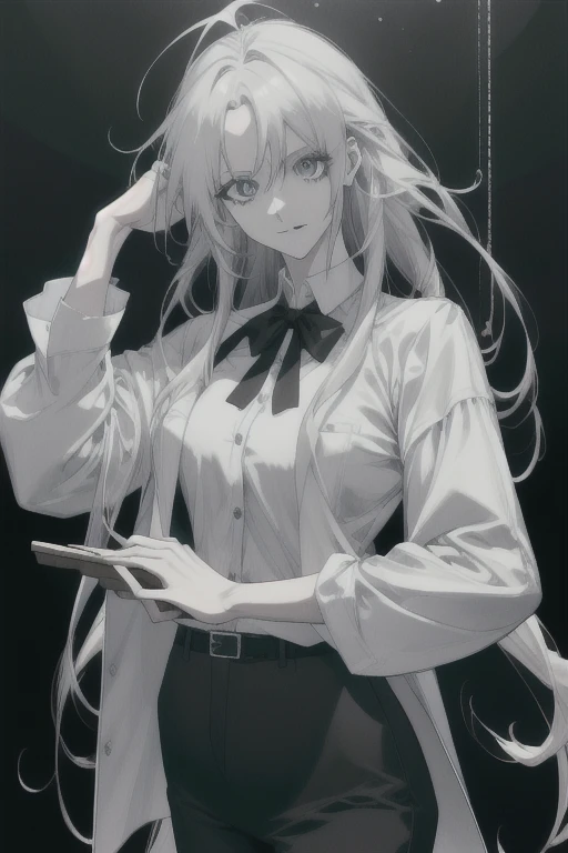 obra de arte, melhor qualidade, 1 mulher, adulto, gentil, Figura esbelta, camisa branca, black pants, Olhos delicados e rosto detalhado, papel de parede extremamente detalhado da unidade CG 8k, detalhes intrincados, Intricate Laboratory, Mad scientist with messy hair, Testa, copos, paredes de madeira, mesa cheia de lixo, test tubes, garrafas, janelas, sentado em uma cadeira, segurando tubos de ensaio, evil smile, Pelo lado | de cima, profundidade de campo