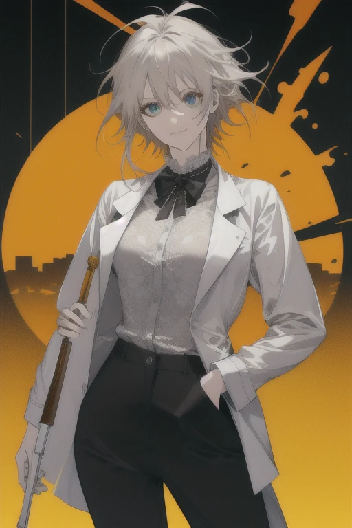 obra de arte, melhor qualidade, 1 mulher, adulto, gentil, Figura esbelta, camisa branca, black pants, Olhos delicados e rosto detalhado, papel de parede extremamente detalhado da unidade CG 8k, detalhes intrincados, Intricate Laboratory, Mad scientist with messy hair, Testa, copos, paredes de madeira, mesa cheia de lixo, test tubes, garrafas, janelas, sentado em uma cadeira, segurando tubos de ensaio, evil smile, Pelo lado | de cima, profundidade de campo