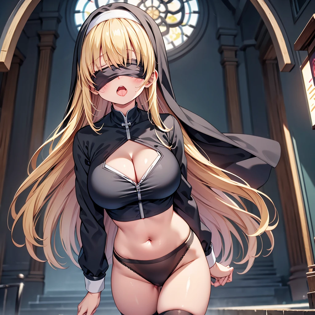 highest quality,wonderful,finely,extremely detailed CG Unity 8K wallpaper, (girl, very long hair, blonde, clothed), (nun :1.2), (huge breasts), (cleavage cutout:1.1), (crop top navel:1.1), (open mouth:1.1), (long tongue:1.1), (mouth drool:1.1), (black stockings:1.1),(Thighs:1.2),(Waistline:1.2),(black blindfold, blindfold:1.5)
