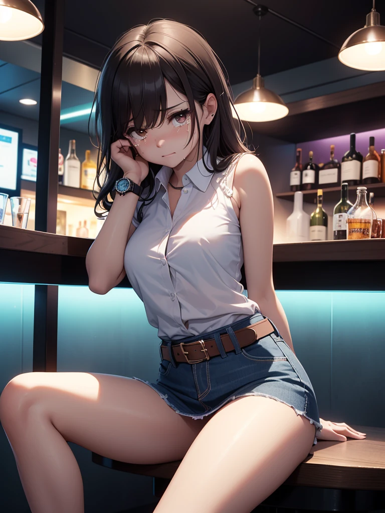 (((To be alone))),Wearing a collared, plaid sleeveless shirt、（Wearing a denim super mini skirt）、（Exposing thighs）、Sexy Woman 、(Have a brown belt)、(Wearing a watch)、exposing the navel、The temptation to sit on a chair with your legs open、((Crying and crying)）、((Crying face))、Night Bar、Dim lighting、((Front shot))、The gaze that is looking at the viewer