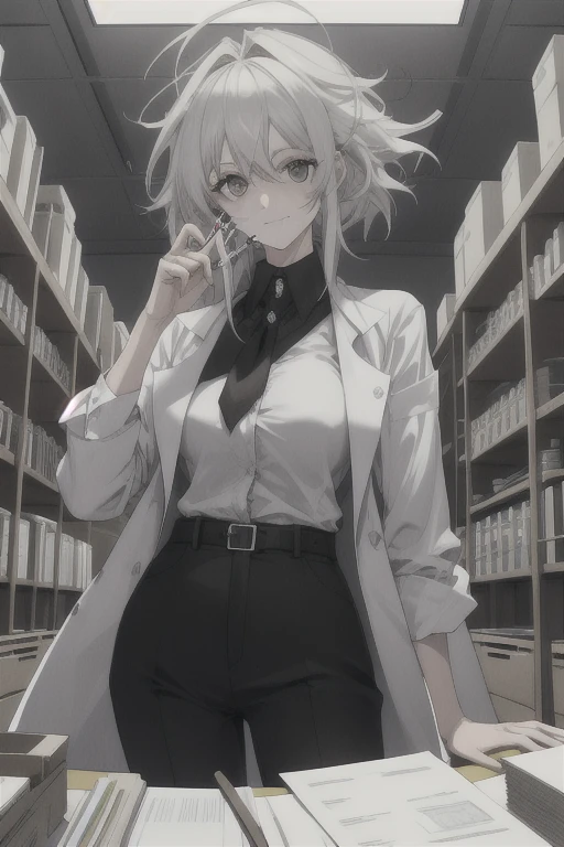 obra de arte, melhor qualidade, 1 mulher, adulto, gentil, Figura esbelta, camisa branca, black pants, Olhos delicados e rosto detalhado, papel de parede extremamente detalhado da unidade CG 8k, detalhes intrincados, Intricate Laboratory, Mad scientist with messy hair, Testa, copos, paredes de madeira, mesa cheia de lixo, test tubes, garrafas, janelas, sentado em uma cadeira, segurando tubos de ensaio, evil smile, Pelo lado | de cima, profundidade de campo