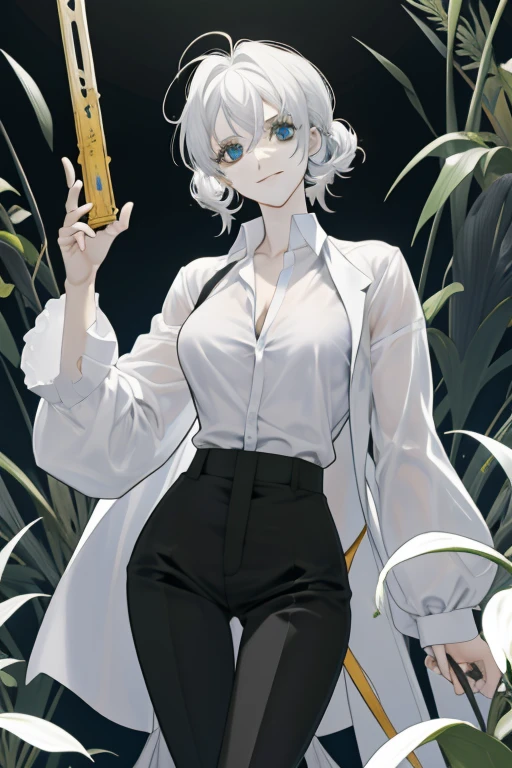 obra de arte, melhor qualidade, 1 mulher, adulto, gentil, Figura esbelta, camisa branca, black pants, Olhos delicados e rosto detalhado, papel de parede extremamente detalhado da unidade CG 8k, detalhes intrincados, Intricate Laboratory, Mad scientist with messy hair, Testa, copos, paredes de madeira, mesa cheia de lixo, test tubes, garrafas, janelas, sentado em uma cadeira, segurando tubos de ensaio, evil smile, Pelo lado | de cima, profundidade de campo