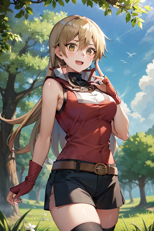 masterpiece, best quality, highres, 1girl, solo, hmrei, long hair, red jacket, collared shirt, yellow shirt, sleeveless, belt, black shorts, black thighhighs, ta1, white jacket, sleeveless, blue skirt, fingerless gloves, large breasts, happy, open mouth, cowboy shot, outdoors, forest 