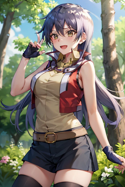 masterpiece, best quality, highres, 1girl, solo, hmrei, long hair, red jacket, collared shirt, yellow shirt, sleeveless, belt, black shorts, black thighhighs, ta1, white jacket, sleeveless, blue skirt, fingerless gloves, large breasts, happy, open mouth, cowboy shot, outdoors, forest 