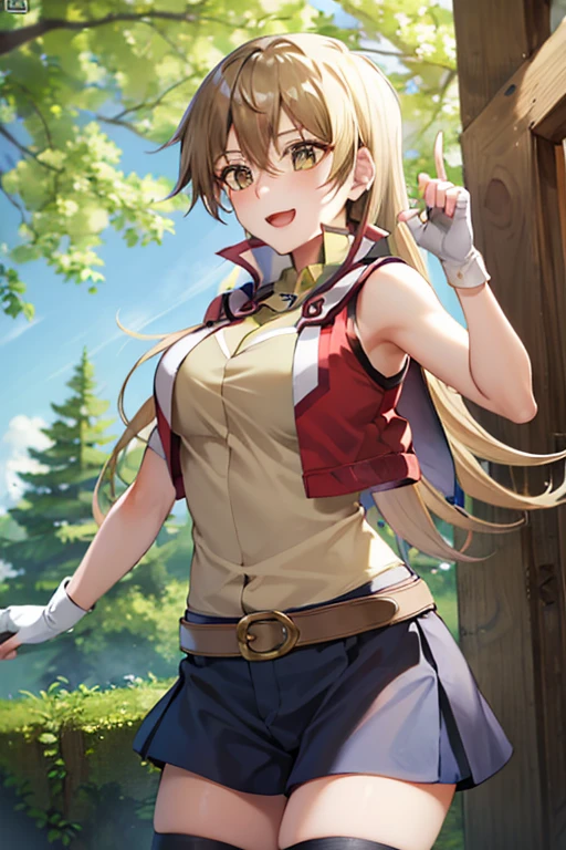 masterpiece, best quality, highres, 1girl, solo, hmrei, long hair, red jacket, collared shirt, yellow shirt, sleeveless, belt, black shorts, black thighhighs, ta1, white jacket, sleeveless, blue skirt, fingerless gloves, large breasts, happy, open mouth, cowboy shot, outdoors, forest 