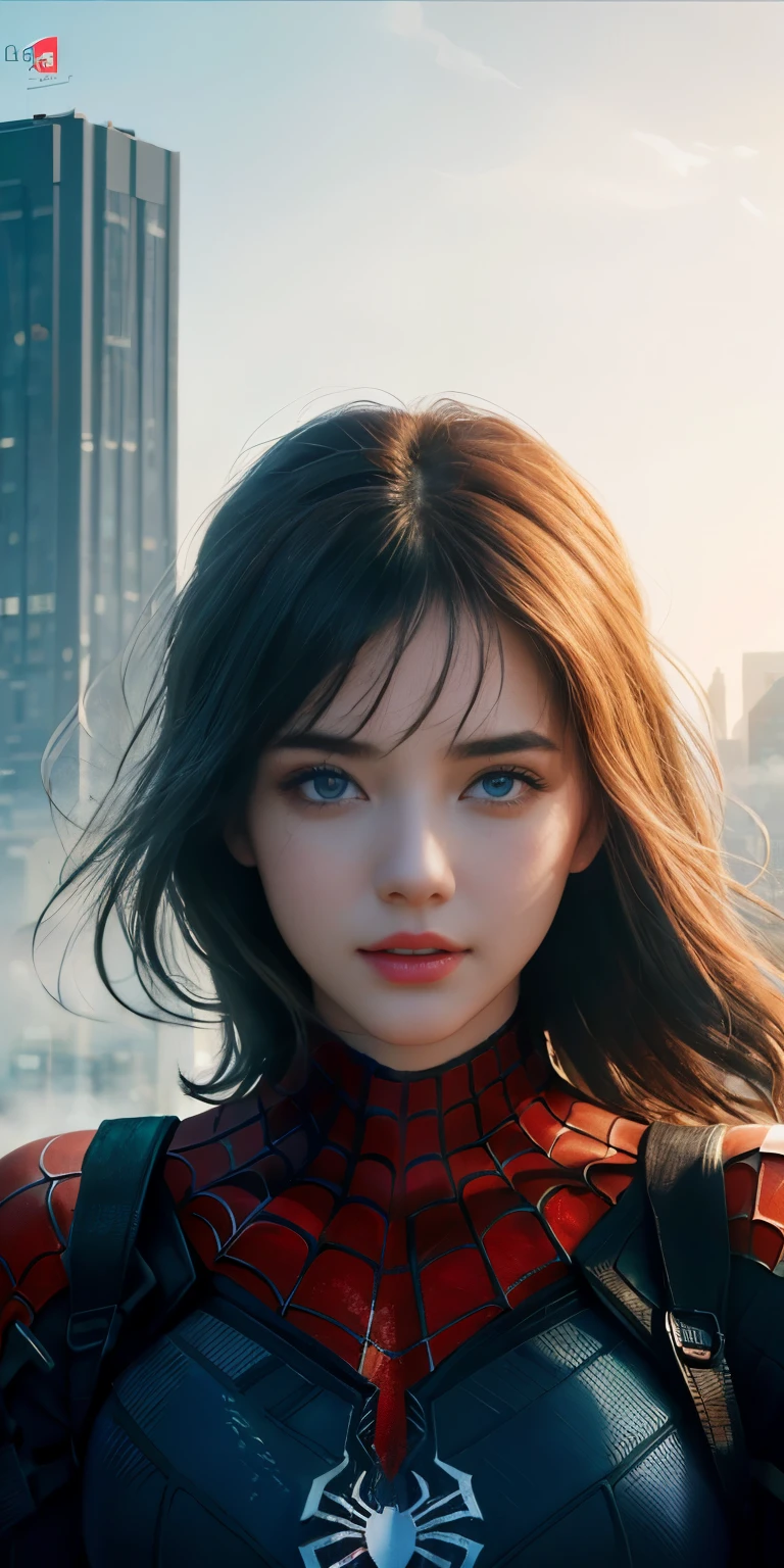 (1girl:1.3), Solo, (((Very detailed face)))), ((Very detailed eyes and face)))), Beautiful detail eyes, Body parts__, Official art, Unified 8k wallpaper, Super detailed, beautiful and beautiful, beautiful, masterpiece, best quality, original, masterpiece, super fine photo, best quality, super high resolution, realistic realism, sunlight, full body portrait, amazing beauty, dynamic pose, delicate face, vibrant eyes, (from the front), She wears Spider-Man suit, red and black color scheme, spider, very detailed city roof background, rooftop, overlooking the city, detailed face, detailed complex busy background, messy, gorgeous, milky white, highly detailed skin, realistic skin details, visible pores, clear focus, volumetric fog, 8k uhd, DSLR, high quality, film grain, fair skin, photo realism, lomography, futuristic dystopian megalopolis, translucent