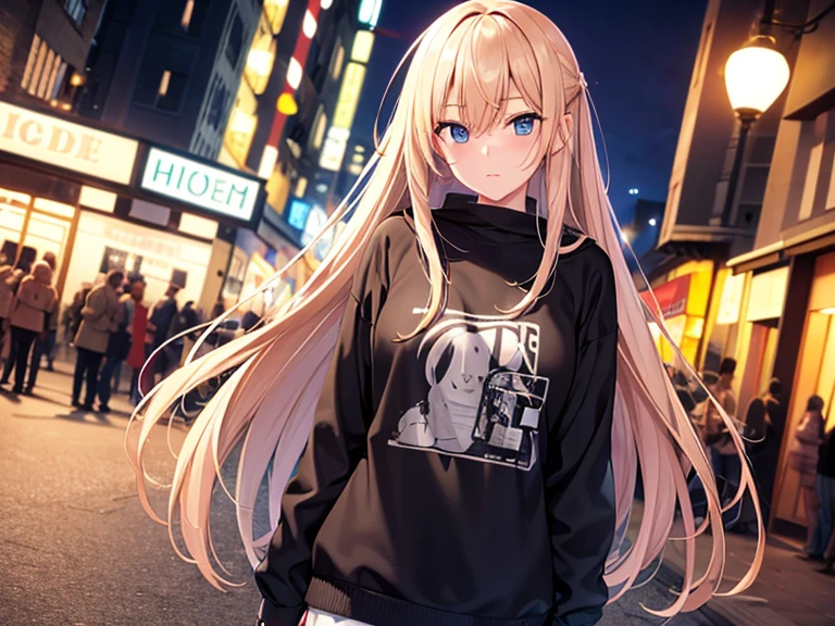 masterpiece, best quality, 1girl, solo, blush, long hair, hair between eyes, ((streetwear clothes)), city, outdoors, night, movie poster, extremely detailed 8K, smooth, high resolution, ultra quality, cinematic lighting, ambient occlusion, hd, 2k, 4k, 8k, 16k, extremely detailed anime, detailed faces, perfect composition, wide shot, atmospheric lighting, very sexy, random angle, uncensored, sin censura
