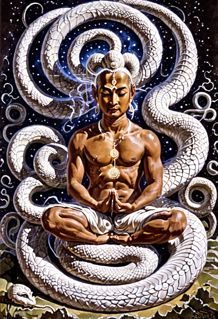 a figure is depicted seated in meditation within a swirling vortex of serpentine energy, symbolizing the awakening of the Kundalini serpent and the mastery of primal forces.
The meditator's form intertwines with the coiling serpents, suggesting a union of human consciousness with the primal energies of the universe and the harnessing of transformative power for spiritual ascent.