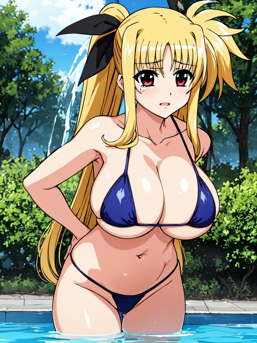 masterpiece,top-quality,fate testarossa harlaown,heroine of magical girl lyrical Nanoha,1girl,solo,blond hair,long hair, outside splash hair,red eyes,beauty,very huge breasts,narrow waist,bust size is 120cm over,crying,sexy,soaked,seductive anime girl, oppai, biomechanical oppai,oppai proportions,Both hands are tied behind their backs and restrained,show oppai,put both hands behind her back,too much exposure swimsuit,micro bikini,swimsuit only,too much exposure swimsuit,micro bikini,swimsuit only,bust size is 120cm over,bust size is 120cm over,too much exposure swimsuit,micro bikini,swimsuit only,Both hands are tied behind their backs and restrained,show oppai,put both hands behind her back,show oppai,put both hands behind her backvery huge breasts,very huge breasts,bust size is 120cm over,too much exposure swimsuit,micro bikini,swimsuit only,Both hands are tied behind their backs and restrained,show oppai,very huge breasts,bust size is 120cm over,too much exposure swimsuit,micro bikini,swimsuit only,Both hands are tied behind their backs and restrained,show oppai,very huge breasts,where water collects,let your hair down,let your hair down