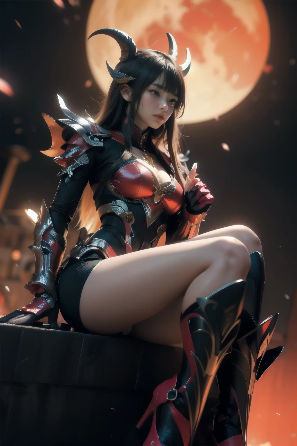 (Model pose, K-POPアイドル), cyborg少女、Horned demon with bright red wings falling from the sky, (RAW Photos), beautiful効果, Vibrant colors, The body is made of dragon scales,  Ryujin's、Ray Tracing, Tabletop, highest quality, super high quality, 不条理なdetailed, (The best light), (Best Shadow), sharp, Clear images, detailed, 非常にdetailed, High resolution, 8k, 4K, Hmph, Volumetric, detailed black armor, (Particle Effects), Creative images with machine edited backgrounds、Our bodies are made of machines、Our bodies are made of machines、beautiful, very detailed porcelain woman in profile、cyborg、Robot parts、150mm、beautifulスタジオの柔らかな光、Rim Light、鮮明なdetailed、Gorgeous Cyberpunk、Ren Hao、Surreal、Anatomical、NSFW Girl、cable, wire, Microchip、elegant、beautiful背景、Big Red Full Moon、AI-generated paintings by Sea Art、It depicts a fascinating image of yin and yang..., (highest quality, Exquisite design, The The best lighting, Better shading).High heels、Angle from below the knee、anklet、Red background on red moon background、Red eyes、The flame that Burns everything、disaster々Burn、disaster々Emitting an aura、