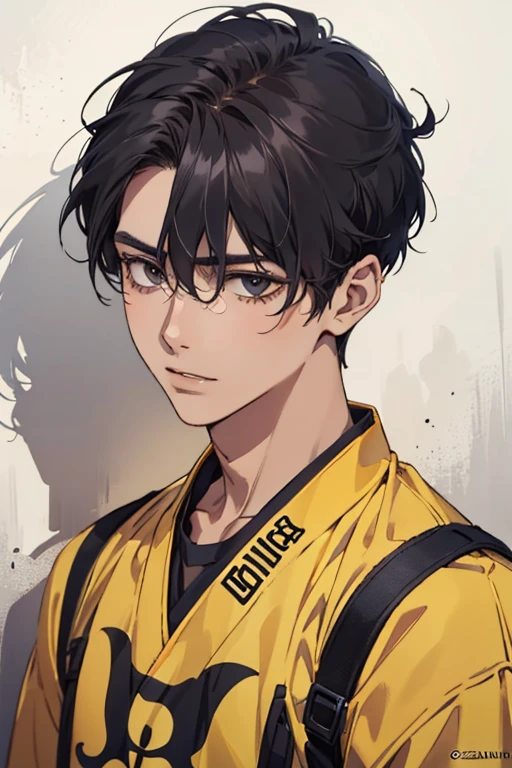 ((melhor qualidade)), ((obra de arte)), (detalhado), rosto perfeito, 1 menino, Sozinho, bonito, moletom amarelo, cabelo preto encaracolado, olhando para o espectador, retrato, conversando com o espectador, Estilo Fujimoto