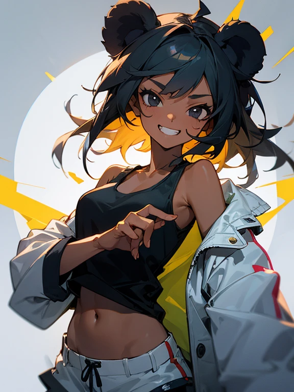 Original Characters, Natural Volumetric Lighting And Best Shadows, Deep Depth Of Field, Sharp Focus, Portrait Of Stunningly Beautiful Petite Girl, Soft Delicate Beautiful Attractive Face With Alluring Yellow Eyes, Lovely Small Breasts, Sharp Eyeliner, Seductive Smiling, Open Mouth With Cute Fangs Out, Windswept Disheveled Brown Hair, Thick Layered Medium Twintail Hairstyles, Blush Eyeshadow With Thick Eyelashes, Parted Lips, Applejack Hat, Oversized Pop-Art Jacket, Mini Underboob Tee, Slim Waist With Open Cute Navel, Denim Jeans Pants With Buckle Belt, (Messy Painted Body:1.05), (Holding Spray Paint Can:1.1), (Graffiti Murals Wall Background:1.15), (Standing On Narrow City Streets Crossword:1.2), (Highest Quality, Amazing Details:1.4), Masterpiece, Bloom, Picturesque, Brilliant Colorful Paintings
