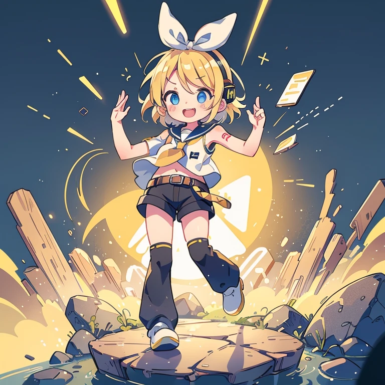 8k,wallpaper of extremely detailed CG unit, ​masterpiece,hight resolution,top-quality,top-quality real texture skin,hyper realisitic,increase the resolution,RAW photos,best qualtiy,highly detailed,the wallpaper,cinematic lighting,ray trace,golden ratio, BREAK ,Kagamine Rin\(vocaloid\),solo,1girl,cute,kawaii,big smile,hair floating,blue eyes,big eyes,blonde hair,short hair, number tattoo,white bow,white shirt,detached black sleeves,belt,sailor collar,headphones,black shorts,black leg warmers,at stage,singing and dancing,please generate hand correctly when generating hand,joyful