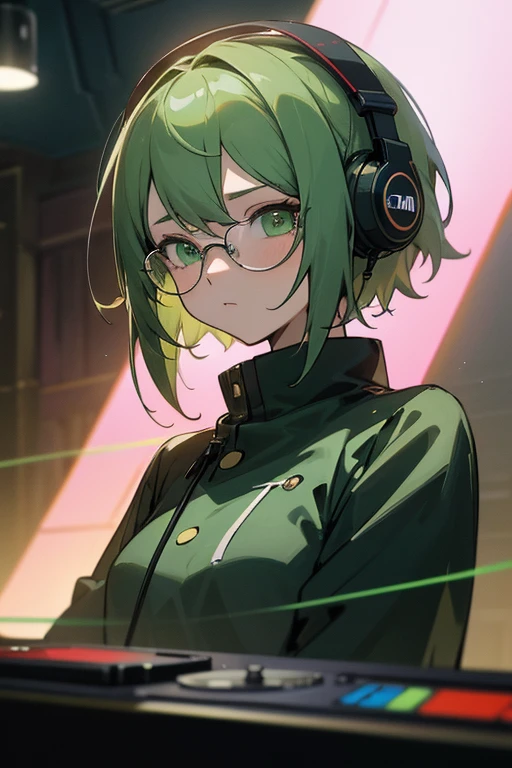 anime, DJ Girl, DJ, DJ girl, Headphones, Highly praised, (Best image quality),masterpiece,highest quality,extremely detailed CG wallpaper, Ultra_detailed,(Cinema Lighting:1.1), (Cold Face), Green Eyes, One girl, alone, Dark Green_hair, short_hair, masterpiece, highest quality, Glasses