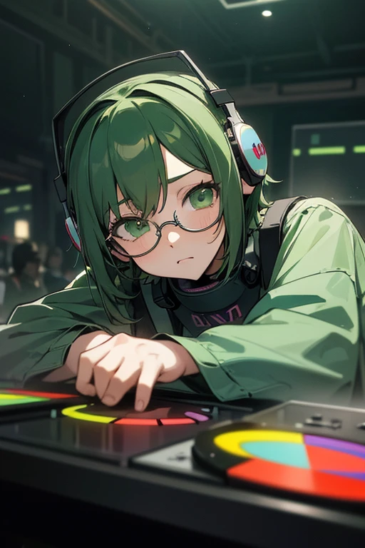 anime, DJ Girl, DJ, DJ girl, Headphones, Highly praised, (Best image quality),masterpiece,highest quality,extremely detailed CG wallpaper, Ultra_detailed,(Cinema Lighting:1.1), (Cold Face), Green Eyes, One girl, alone, Dark Green_hair, short_hair, masterpiece, highest quality, Glasses