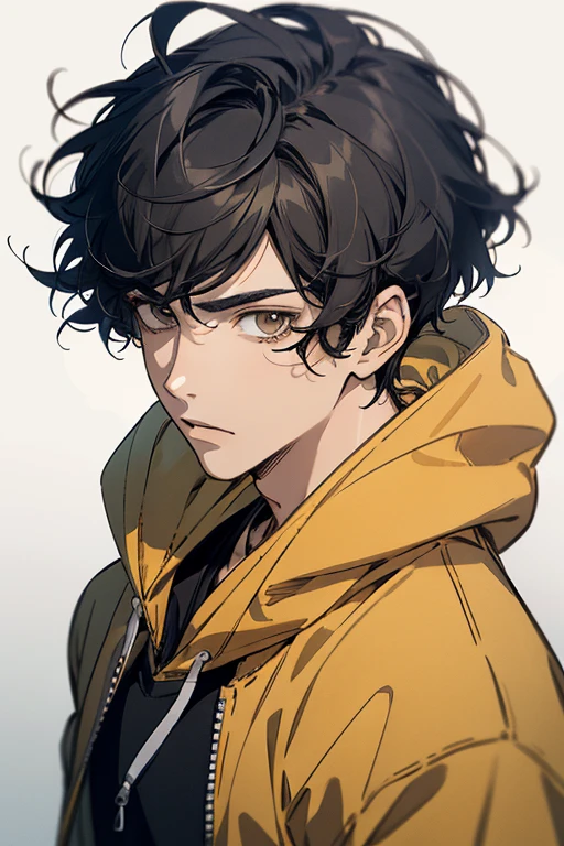 ((best quality)), ((masterpiece)), (detailed), perfect face, 1boy, solo, handsome, yellow hoodie, curly black hair, looking at viewer, portrait, talking to viewer, Fujimoto Style