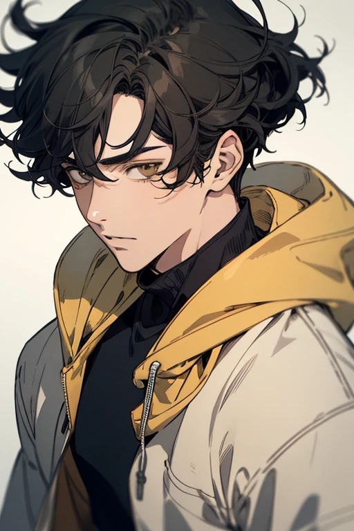 ((best quality)), ((masterpiece)), (detailed), perfect face, 1boy, solo, handsome, yellow hoodie, curly black hair, looking at viewer, portrait, talking to viewer, Fujimoto Style