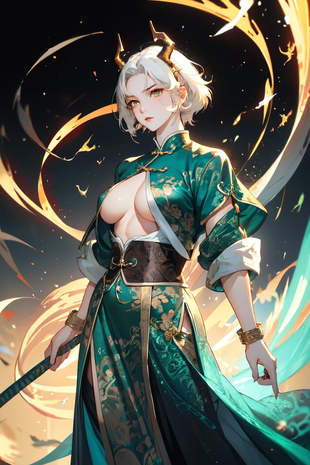 A  woman with short white hair, golden eyes, wearing a green Chinese dress, he has dragon horns.,toji fushiguro,green Chinese dress, muscular,Tall, super very big bosom 