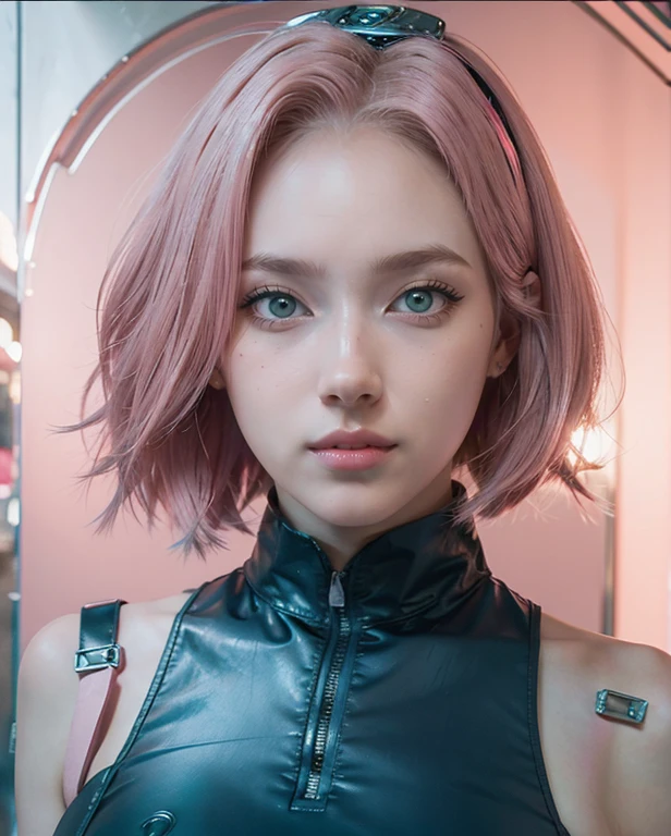 young woman, short shoulder-length pink hair, wide forehead, porcelain skin, pink eyebrows, big emerald green eyes, buttoned nose, full lips, heart-shaped face, slender body, small breasts, maroon tank top, Sakura Haruno , realistic, Realism, details, 3d, well detailed.