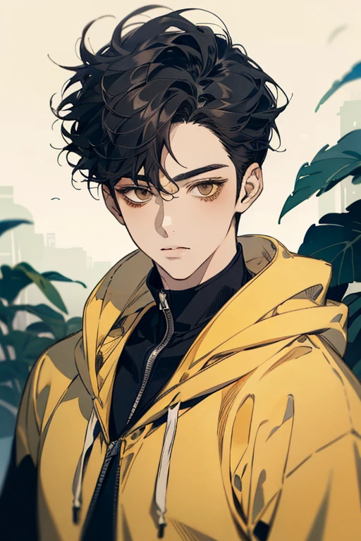 ((best quality)), ((masterpiece)), (detailed), perfect face, 1boy, solo, handsome, yellow hoodie, curly black hair, looking at viewer, portrait, talking to viewer, Fujimoto Style