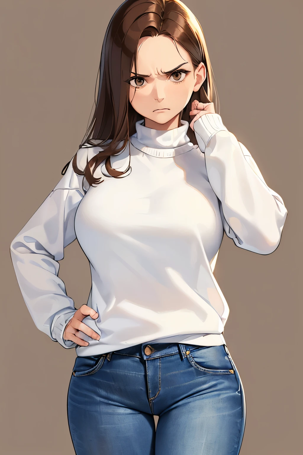 ((best quality)), ((masterpiece)), (detailed), ((perfect face)), (((slender 40 year old middle-aged woman))), (((standing))), (((wearing jeans, white sweater))), (((brown hair))), (((blank background))), (((looking at viewer))), (((angry)))
