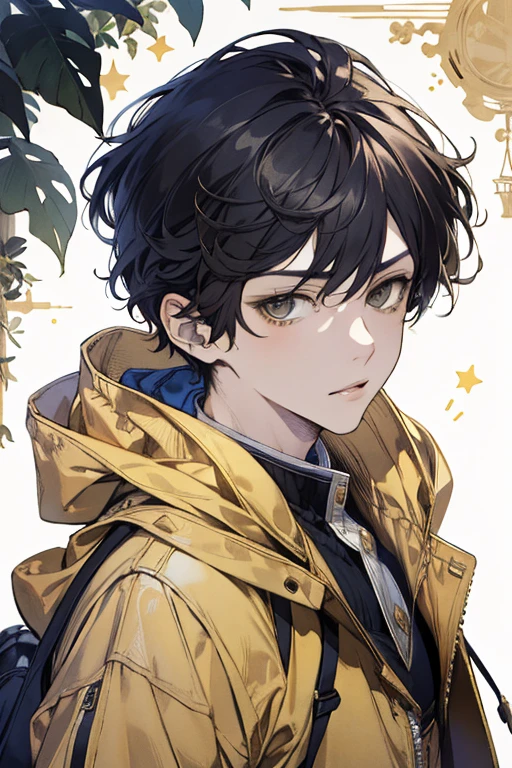 ((best quality)), ((masterpiece)), (detailed), perfect face, 1boy, solo, handsome, yellow hoodie, curly black hair, looking at viewer, portrait, talking to viewer, Fujimoto Style