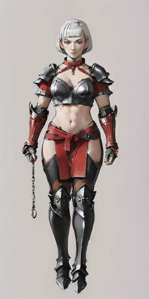 ((Plain background 1:2)) (Cammy White Street Fighter white silver short bob haircut) Female full body standing straight symmetrical looking to the viewer RED full body armored (handcuffs, shackles, rerebrace, faulds, poleyn, gauntlets, leather collar choker) big belt under belly button, navel, belt over belly button ((hands on hips))