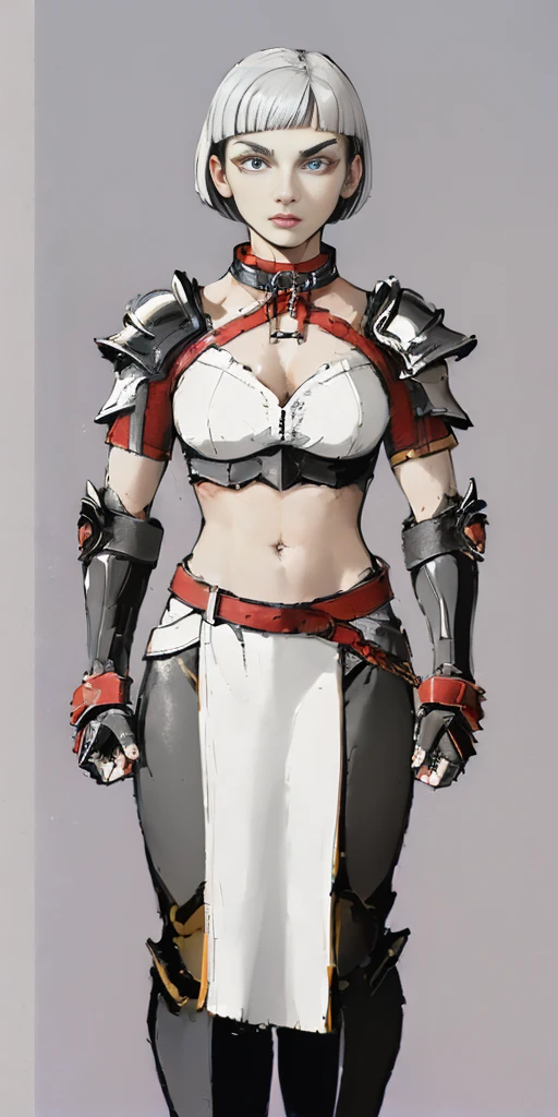 ((Plain background 1:2)) (Cammy White Street Fighter white silver short bob haircut) Female full body standing straight symmetrical looking to the viewer RED full body armored (handcuffs, shackles, rerebrace, faulds, poleyn, gauntlets, leather collar choker) big belt under belly button, navel, belt over belly button ((hands on hips))
