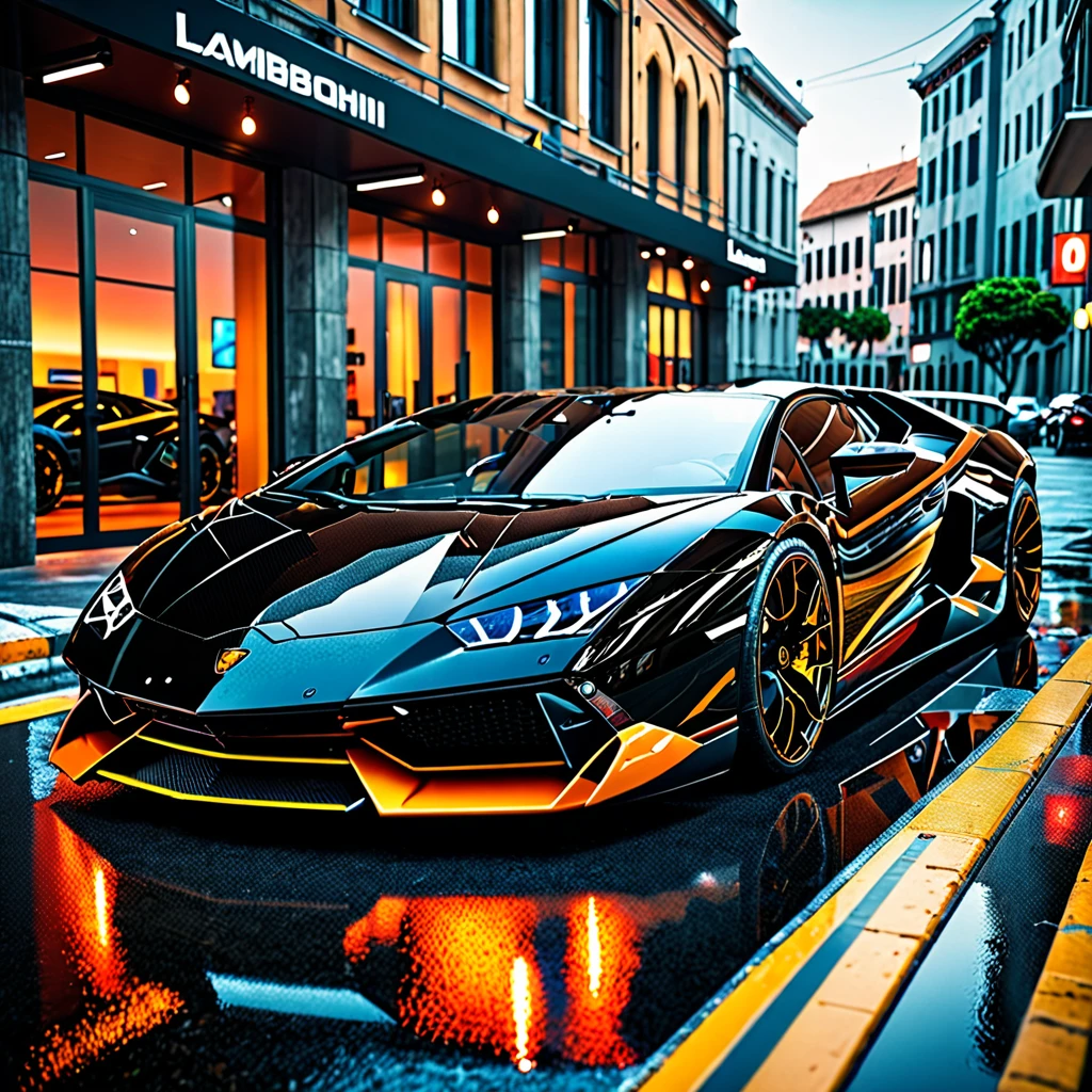(best quality, 8k, highres, masterpiece:1.2), ultra-detailed, (realistic, photorealistic, photo-realistic:1.37), HDR, UHD, studio lighting, extreme detail description, professional, sci-fi, sharp focus,dystopian setting,futuristic technology, black soft colors, glowing,mechanical body parts,Lamborghini modified to become a JDM, shadows and reflections.