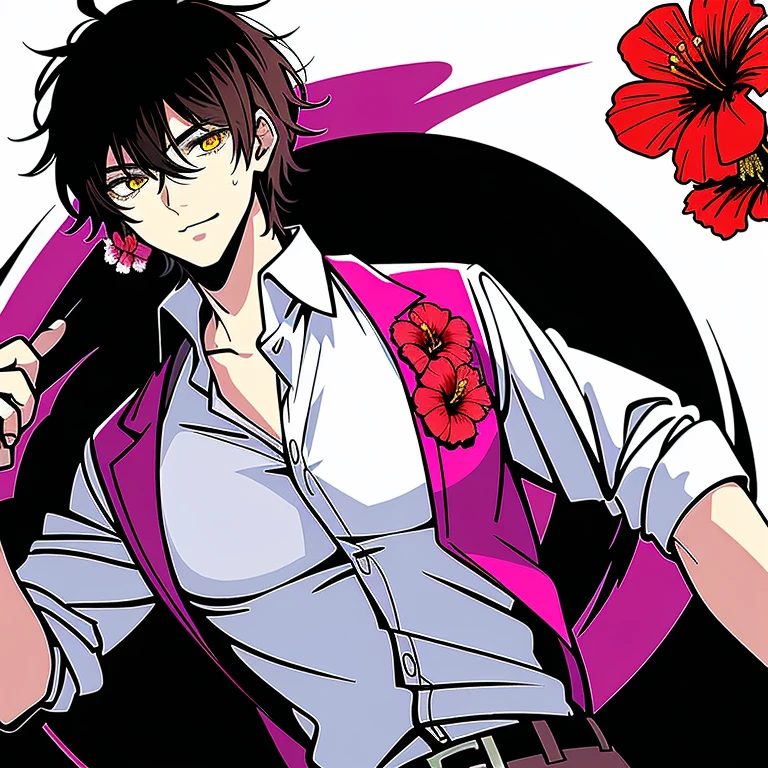 Oversized short-sleeved shirt,The shirt has a hibiscus pattern,Wolf Man,Before transforming into a wolf,Handsome,Dandy