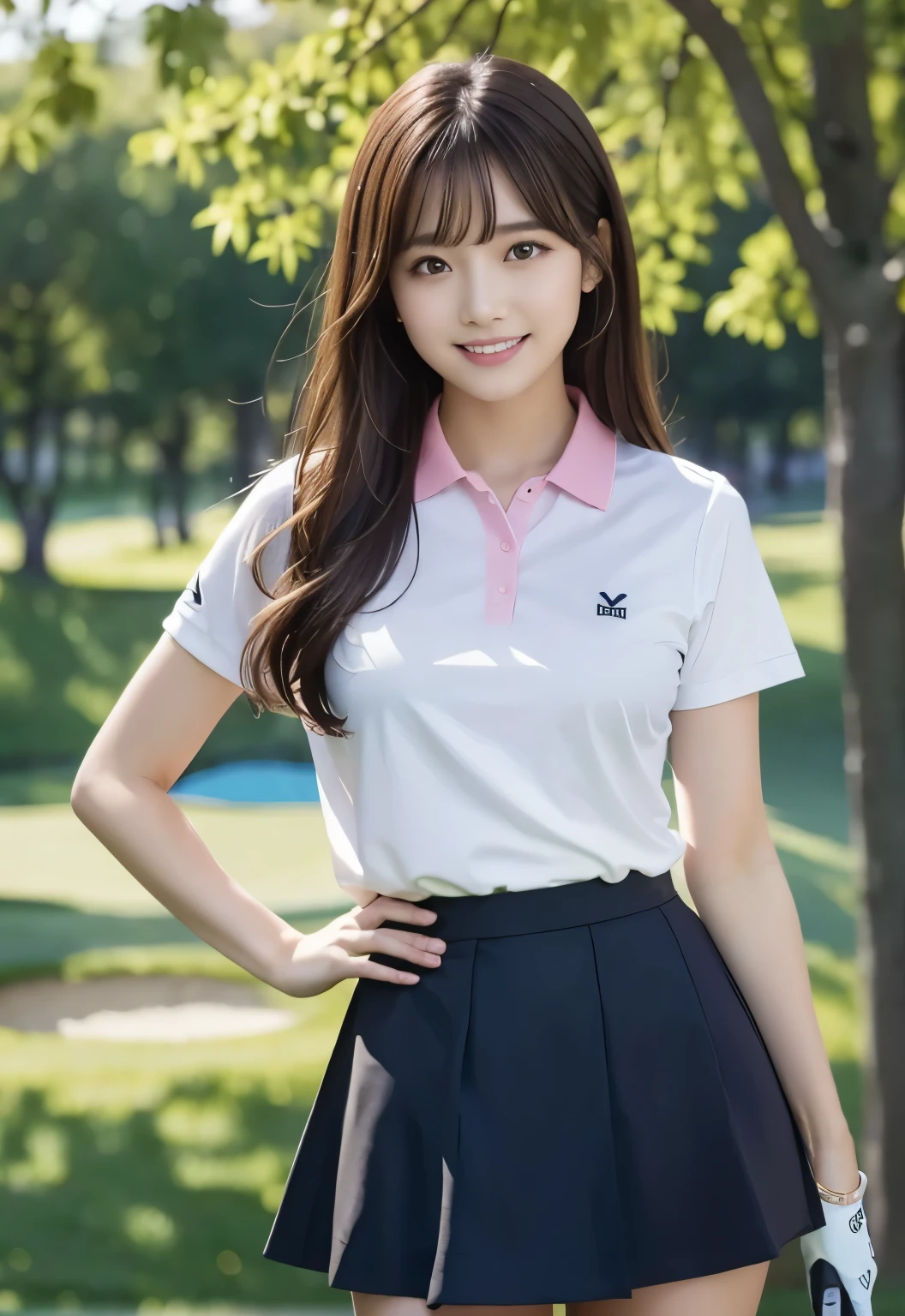 masterpiece, best quality:1.1), (8k, raw photo, photo realistic:1.2, f22), (shiny skin), detailed skin,long hair,detailed face, detailed eyes, smile,BREAK, real world, intricate details, smil, BREAK, 1girl, (pink,Polo shirt,mini skirt), full body,BREAK, (golf:1.4), BREAK