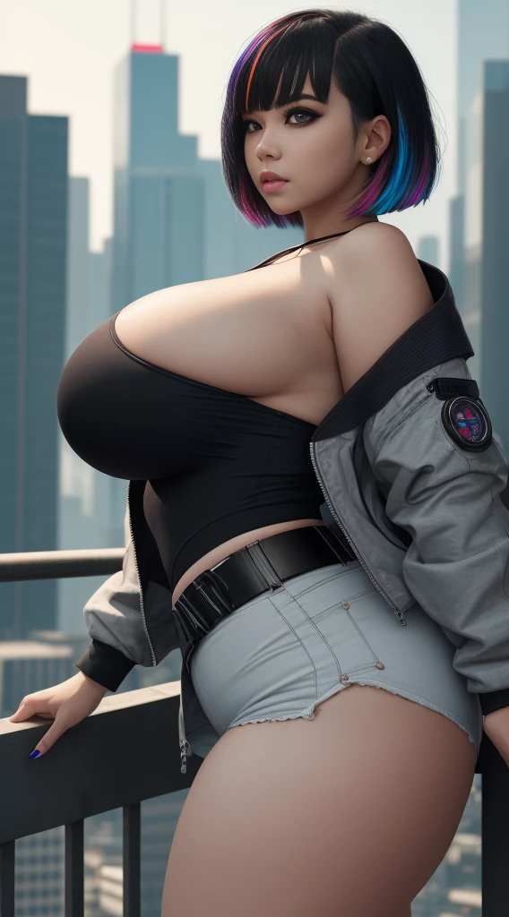 masterpiece, (photorealistic:1.4), best quality, beautiful lighting, (ulzzang-6500:0.5), 

lucy \(cyberpunk\), 1girl, against railing, arm rest, bangs, bare shoulders, belt, black belt, black leotard, black pants, blurry, bob cut, breasts, building, cityscape, clothing cutout, cropped jacket, cyberpunk, depth of field, from side, gradient eyes, grey eyes, grey hair, jacket, leotard, lips, long sleeves, looking afar, looking ahead, mechanical parts, medium breasts, multicolored eyes, multicolored hair, night, night sky, off shoulder, open clothes, open jacket, outdoors, pants, parted lips, railing, red eyeliner, science fiction, short hair with long locks, short shorts, shorts, sidelocks, sky, solo, standing, teeth, thigh cutout, upper teeth only, white jacket, white shorts, cyberpunk \(series\), cyberpunk edgerunners,  RAW photo, 8k uhd, film grain, (chubby:1.2), (huge breasts:1.3), (wide hips:1.3)