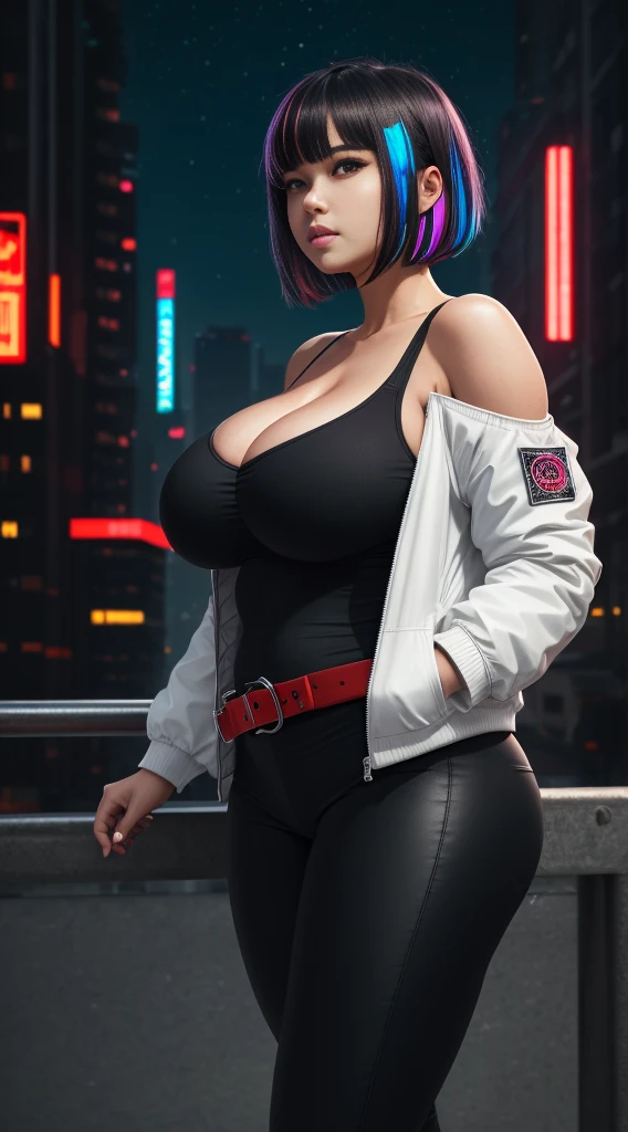 masterpiece, (photorealistic:1.4), best quality, beautiful lighting, (ulzzang-6500:0.5), 

lucy \(cyberpunk\), 1girl, against railing, arm rest, bangs, bare shoulders, belt, black belt, black leotard, black pants, blurry, bob cut, breasts, building, cityscape, clothing cutout, cropped jacket, cyberpunk, depth of field, from side, gradient eyes, grey eyes, grey hair, jacket, leotard, lips, long sleeves, looking afar, looking ahead, mechanical parts, medium breasts, multicolored eyes, multicolored hair, night, night sky, off shoulder, open clothes, open jacket, outdoors, pants, parted lips, railing, red eyeliner, science fiction, short hair with long locks, short shorts, shorts, sidelocks, sky, solo, standing, teeth, thigh cutout, upper teeth only, white jacket, white shorts, cyberpunk \(series\), cyberpunk edgerunners,  RAW photo, 8k uhd, film grain, (chubby:1.2), (huge breasts:1.3), (wide hips:1.3)