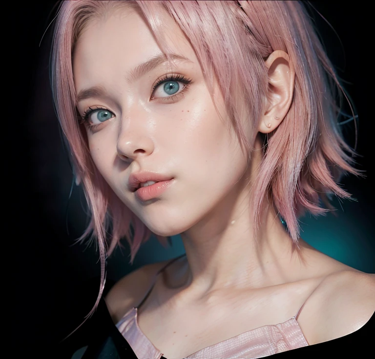 young woman, short shoulder-length pink hair, wide forehead, porcelain skin, pink eyebrows, big emerald green eyes, buttoned nose, full lips, heart-shaped face, slender body, small breasts, maroon tank top, Sakura Haruno , realistic, Realism, details, 3d, well detailed.