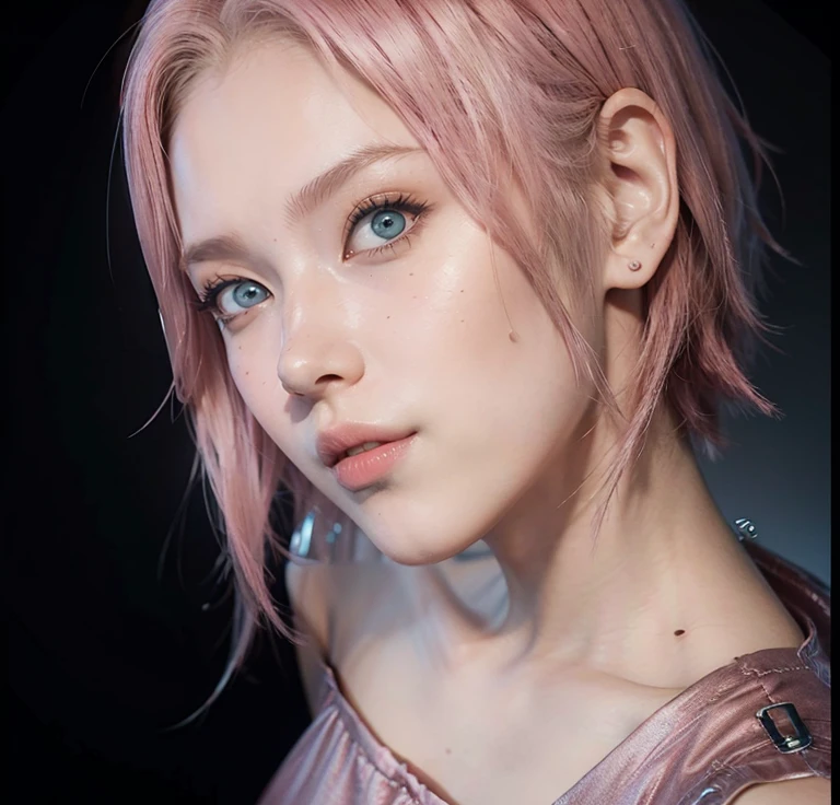 young woman, short shoulder-length pink hair, wide forehead, porcelain skin, pink eyebrows, big emerald green eyes, buttoned nose, full lips, heart-shaped face, slender body, small breasts, maroon tank top, Sakura Haruno , realistic, Realism, details, 3d, well detailed.