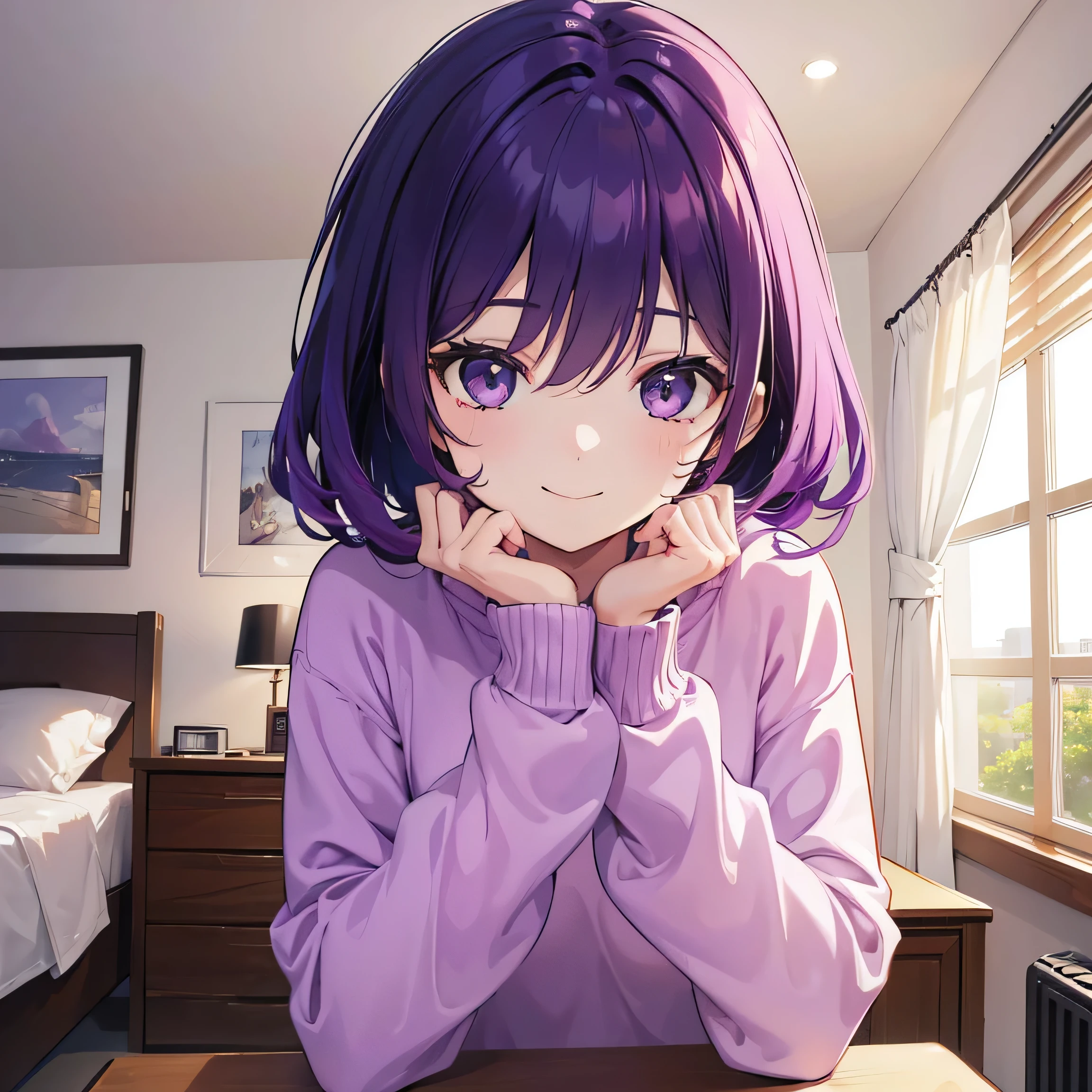 (T Masterpiece,4k wallpaper,Best Quality))、((girl1people))、(solo)、Bright and Brilliant,(Purple Hair)、(Shortcuts:1.3)、smile、Bedroom、sweater、morning