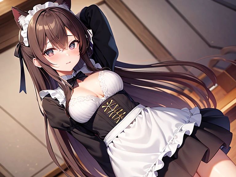 masterpiece, best quality, 1girl, solo, blush, long hair, hair between eyes, night, extremely detailed 8K, smooth, high resolution, ultra quality, cinematic lighting, ambient occlusion, hd, 2k, 4k, 8k, 16k, extremely detailed anime, detailed faces, perfect composition, wide shot, atmospheric lighting, very sexy, random angle, uncensored, sin censura, heart-shape pupils, full face blushing, cat-ears, maid custom, brown hair