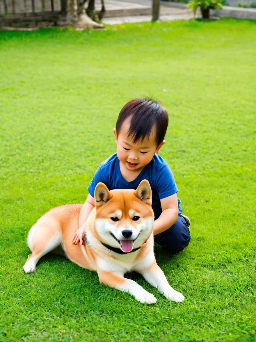 A is playing with a Shiba Inu on the grass