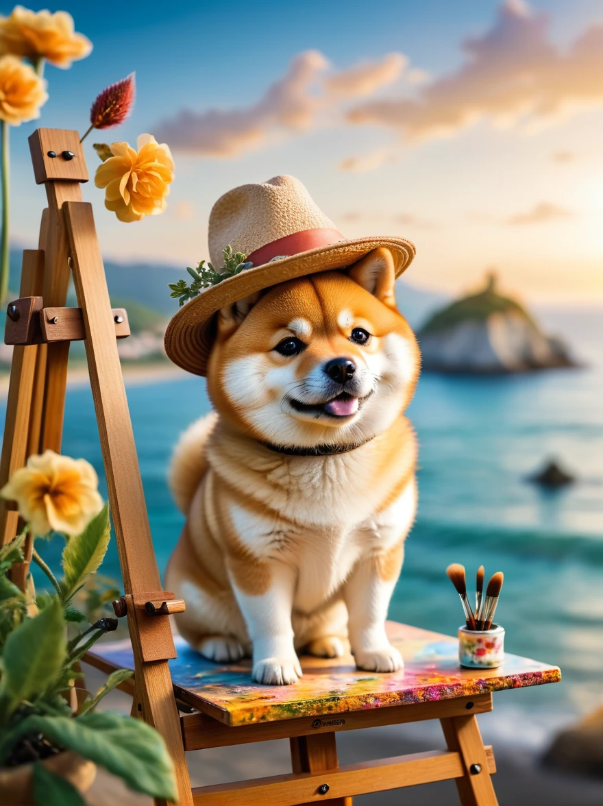 Photos with tilt-shift effect, Selective focusing, Miniature effect, Very detailed, bright, View control, Naturally tilted pictures (Whimsical sense of art), charming additional fluffy, A chubby Shiba Inu wearing an adventurer&#39;s hat, ((He painted a still life on his easel, brush, Sea view)), magic, Macro Photography, (charming:1.3), (luminescent: 1.2), (huge flora: 1.1), mystery, vivid photography, Flashing Lights, Preoccupied, Strange, Disturbing, Soft Focus, Overly detailed digital art